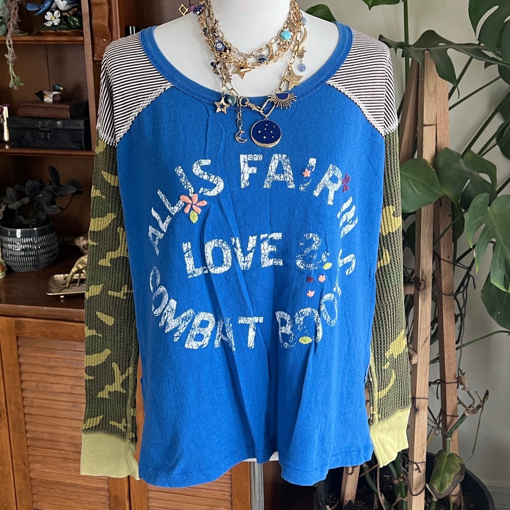 We the Free “All is fair in love & combat boots” Blue & Camouflage Henley Top S